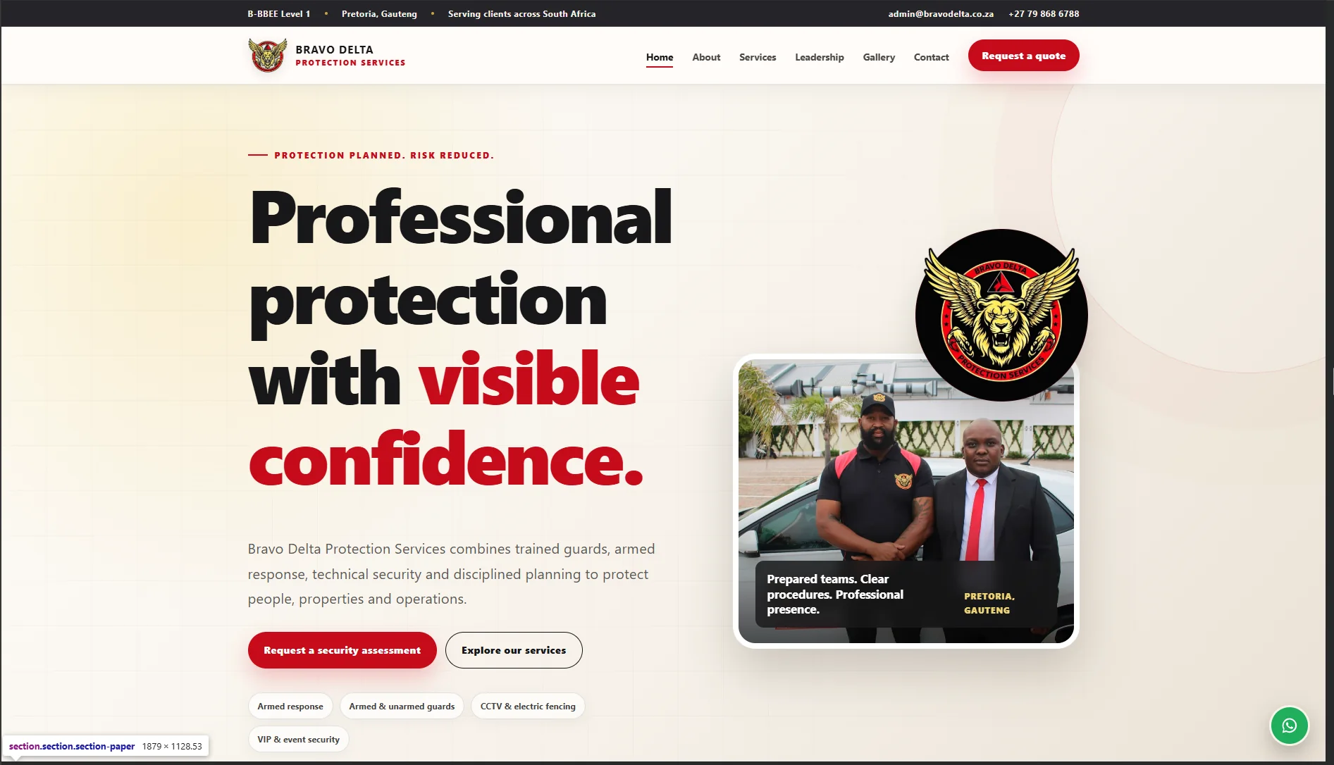 Screenshot of the Bravo Delta Protection Services website
