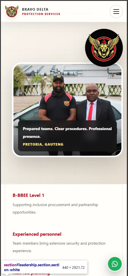 Mobile screenshot of the Bravo Delta website